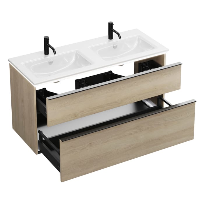 burgbad Eqio Doppelwaschtischkombination mit Keramik-Doppelwaschtisch Slim und LED-Beleuchtung, 122 cm, mit Griffleiste G0252