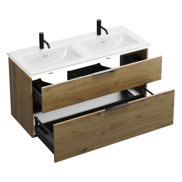 burgbad Eqio Doppelwaschtischkombination mit Keramik-Doppelwaschtisch Slim und LED-Beleuchtung, 122 cm, mit Griff G0200