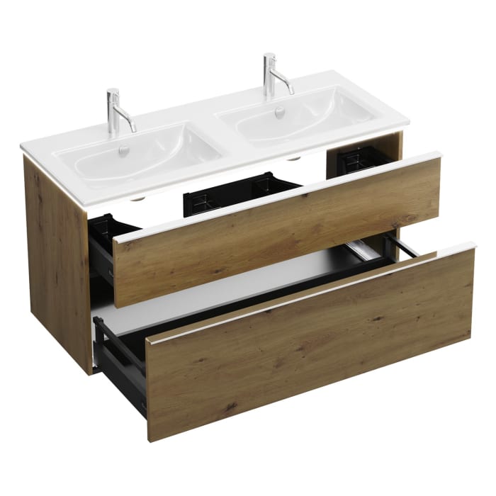 burgbad Eqio Doppelwaschtischkombination mit Keramik-Doppelwaschtisch Slim und LED-Beleuchtung, 122 cm, mit Griffleiste G0251