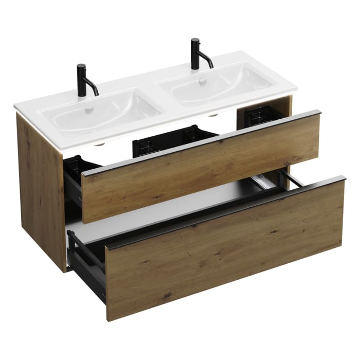 burgbad Eqio Doppelwaschtischkombination mit Keramik-Doppelwaschtisch Slim und LED-Beleuchtung, 122 cm, mit Griffleiste G0252