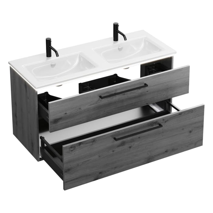 burgbad Eqio Doppelwaschtischkombination mit Keramik-Doppelwaschtisch Slim und LED-Beleuchtung, 122 cm, mit Stangengriff G0234