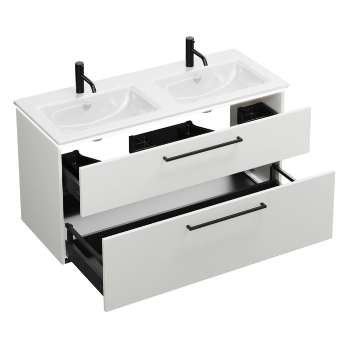 burgbad Eqio Doppelwaschtischkombination mit Keramik-Doppelwaschtisch Slim und LED-Beleuchtung, 122 cm, mit Stangengriff G0234