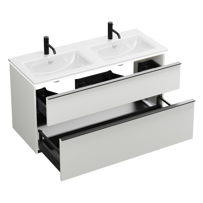 burgbad Eqio Doppelwaschtischkombination mit Keramik-Doppelwaschtisch Slim und LED-Beleuchtung, 122 cm, mit Griffleiste G0252