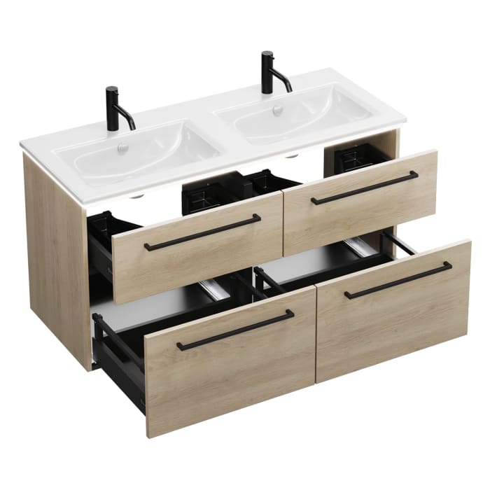 burgbad Eqio Doppelwaschtischkombination mit Keramik-Doppelwaschtisch Slim und LED-Beleuchtung, 122 cm, mit Stangengriff G0234