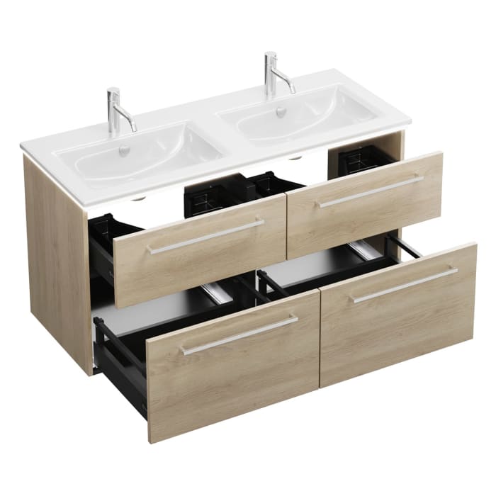 burgbad Eqio Doppelwaschtischkombination mit Keramik-Doppelwaschtisch Slim und LED-Beleuchtung, 122 cm, mit Stangengriff P95