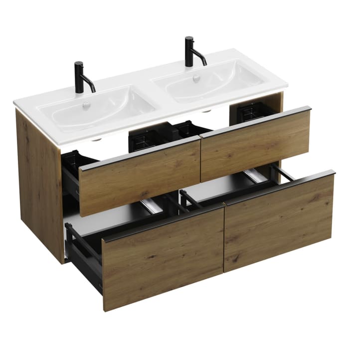 burgbad Eqio Doppelwaschtischkombination mit Keramik-Doppelwaschtisch Slim und LED-Beleuchtung, 122 cm, mit Griffleiste G0252