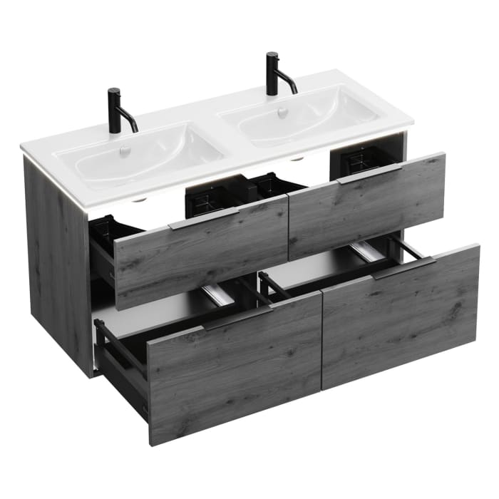 burgbad Eqio Doppelwaschtischkombination mit Keramik-Doppelwaschtisch Slim und LED-Beleuchtung, 122 cm, mit Griff G0200