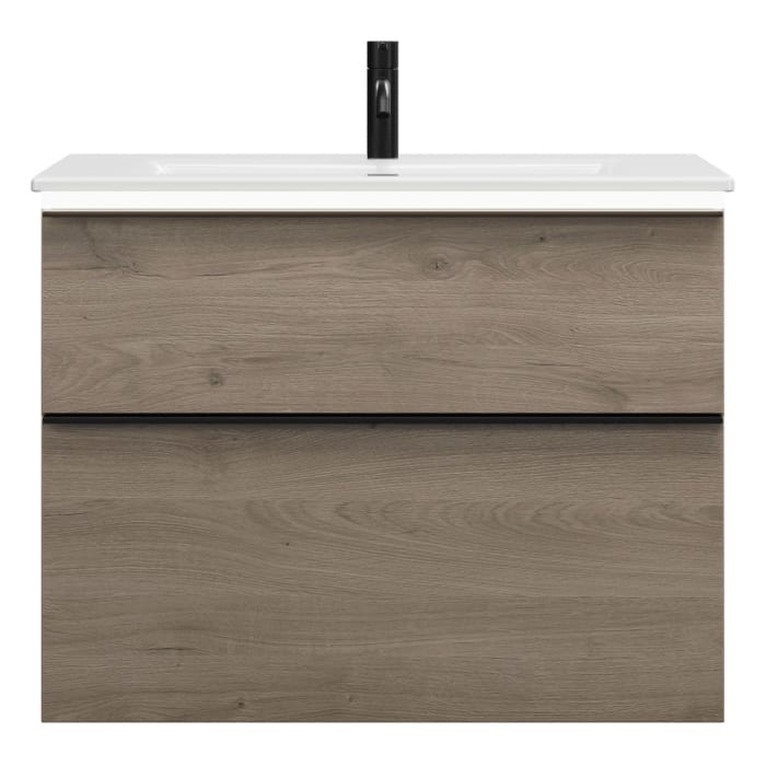 burgbad Eqio Waschtischkombination mit Keramik-Waschtisch Slim und LED-Beleuchtung, 82 cm, mit Griffleiste G0252