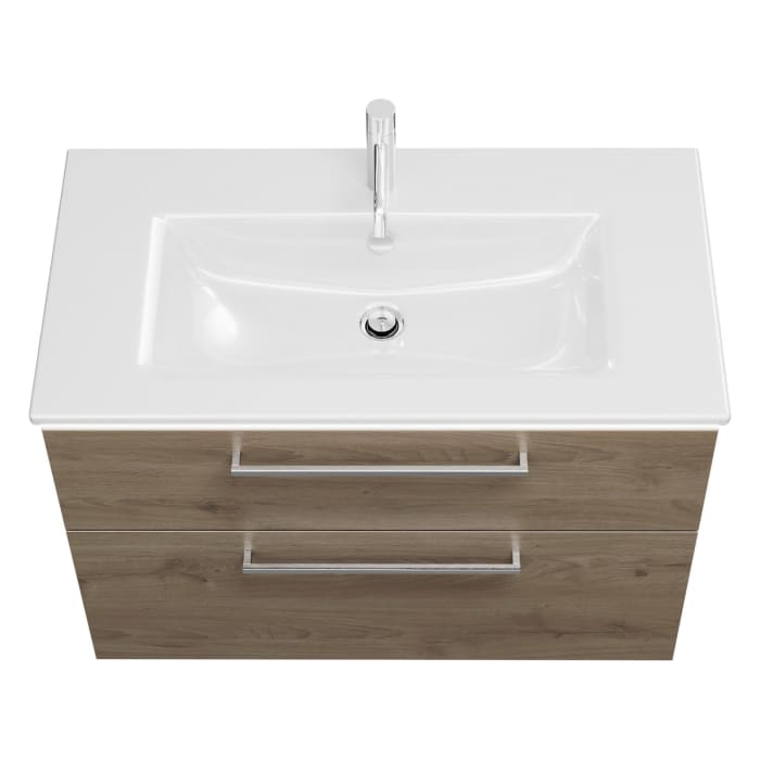 burgbad Eqio Waschtischkombination mit Keramik-Waschtisch Slim und LED-Beleuchtung, 92 cm, mit Stangengriff P95