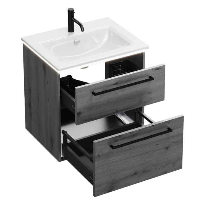 burgbad Eqio Waschtischkombination mit Keramik-Waschtisch Slim und LED-Beleuchtung, 62 cm, mit Stangengriff G0234