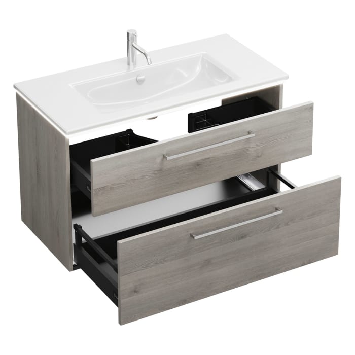 burgbad Eqio Waschtischkombination mit Keramik-Waschtisch Slim und LED-Beleuchtung, 102 cm, mit Stangengriff P95