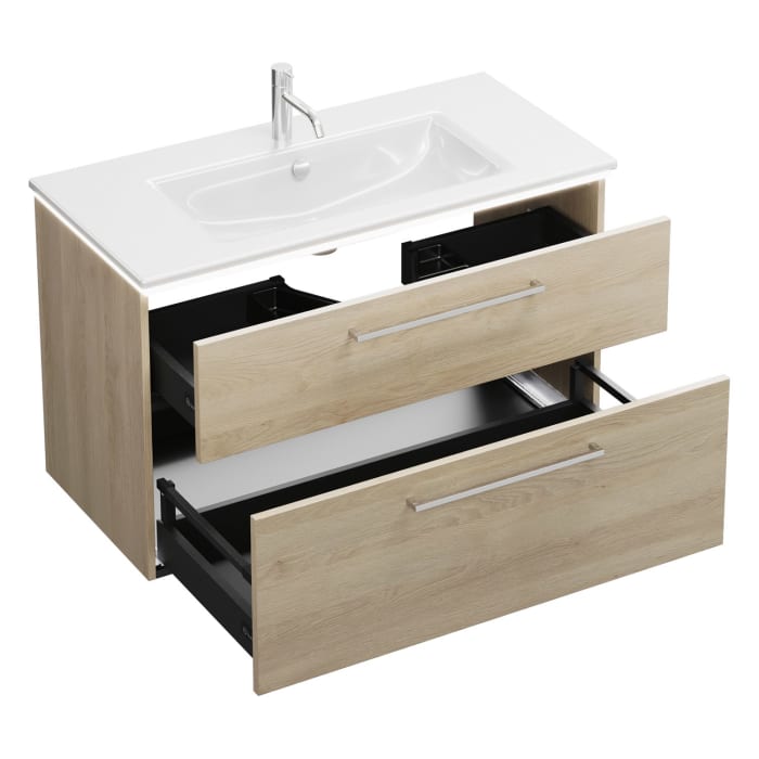 burgbad Eqio Waschtischkombination mit Keramik-Waschtisch Slim und LED-Beleuchtung, 102 cm, mit Stangengriff P95