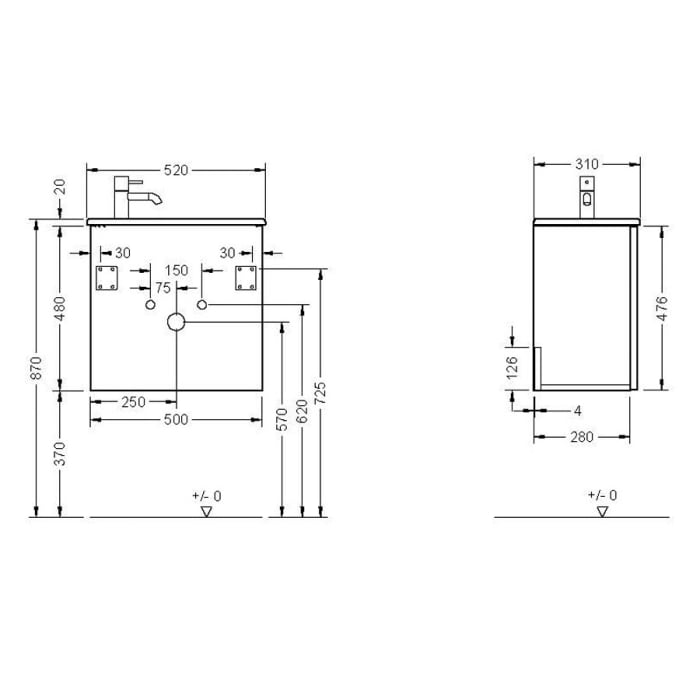 burgbad Eqio Waschtischkombination mit Keramik-Waschtisch Slim, 52 cm, mit Stangengriff P95