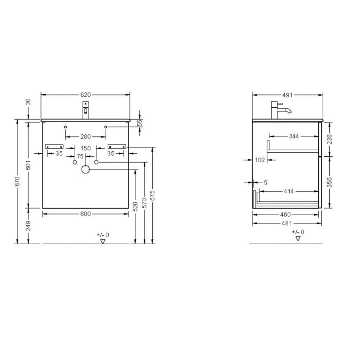 burgbad Eqio Waschtischkombination mit Keramik-Waschtisch Slim, 62 cm, mit Stangengriff G0234