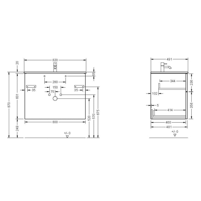 burgbad Eqio Waschtischkombination mit Keramik-Waschtisch Slim, 82 cm, mit Stangengriff P95