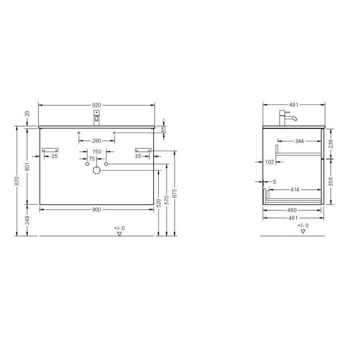 burgbad Eqio Waschtischkombination mit Keramik-Waschtisch Slim, 92 cm, mit Stangengriff G0234