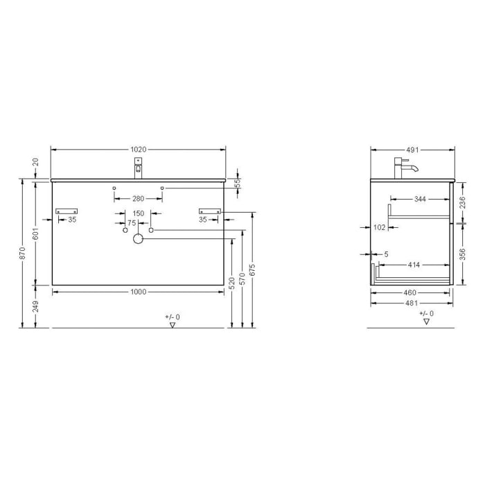 burgbad Eqio Waschtischkombination mit Keramik-Waschtisch Slim, 102 cm, mit Stangengriff P95