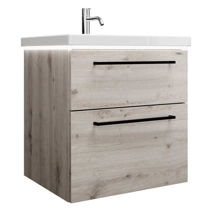 burgbad Eqio Waschtischkombination mit Keramik-Waschtisch mit LED-Beleuchtung, 63 cm, mit Stangengriff G0234