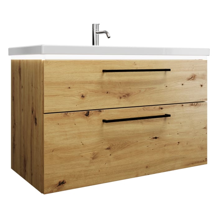 burgbad Eqio Waschtischkombination mit Keramik-Waschtisch mit LED-Beleuchtung, 103 cm, mit Stangengriff G0234