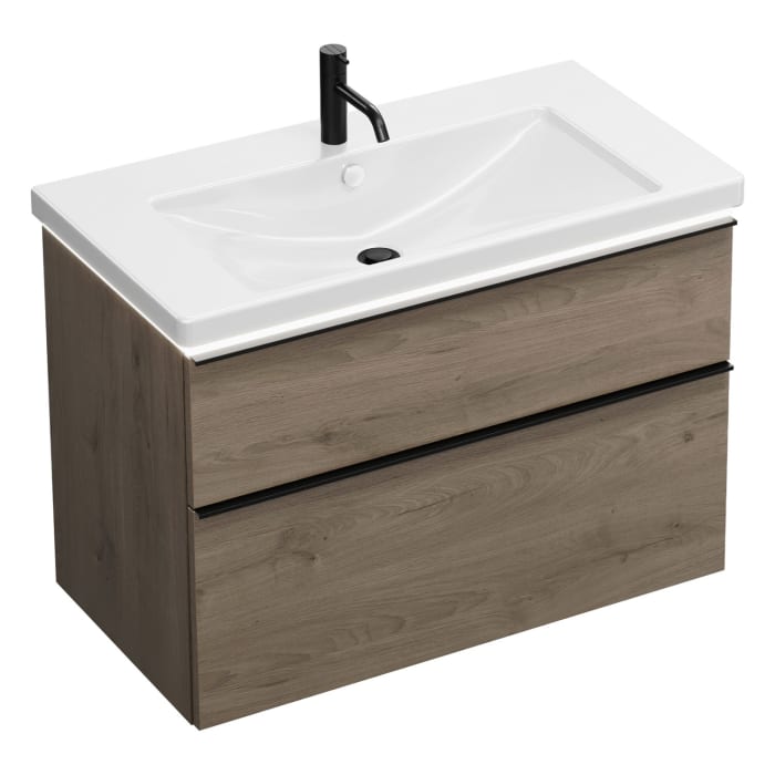 burgbad Eqio Waschtischkombination mit Keramik-Waschtisch mit LED-Beleuchtung, 93 cm, mit Griffleiste G0252