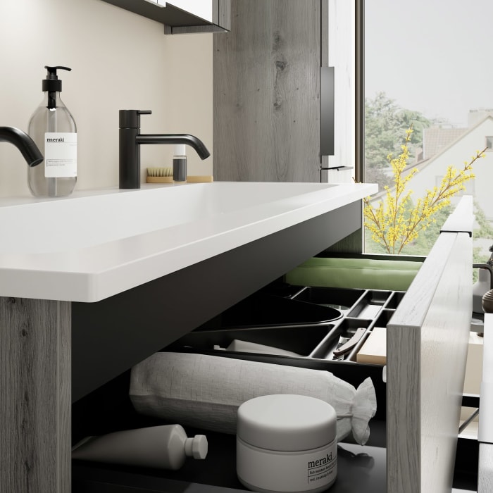 burgbad Eqio Waschtischkombination mit Mineralguss-Waschtisch, 122 cm, mit Griff G0200