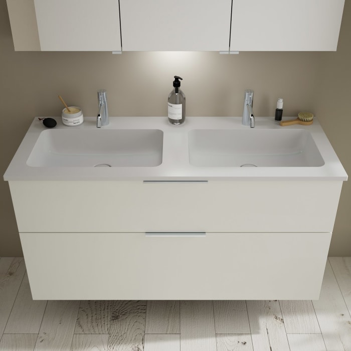 burgbad Eqio Waschtischkombination mit Mineralguss-Doppelwaschtisch, 122 cm, mit Griff G0146