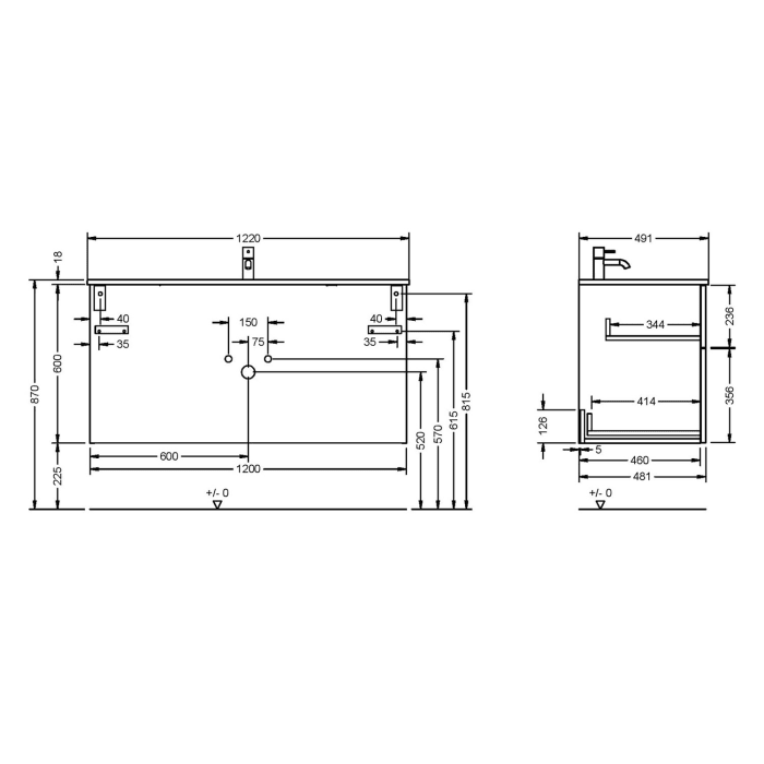 burgbad Eqio Waschtischkombination mit Mineralguss-Waschtisch, 122 cm, mit Stangengriff P95