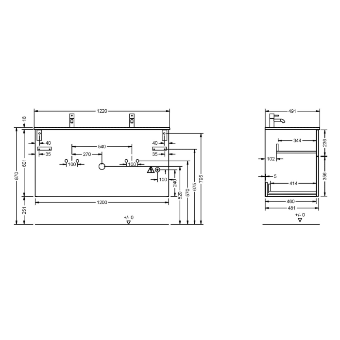 burgbad Eqio Waschtischkombination mit Mineralguss-Waschtisch, 122 cm, mit Stangengriff P95