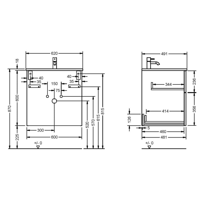 burgbad Eqio Waschtischkombination mit Mineralguss-Waschtisch, 62 cm, mit Griffleiste G0252