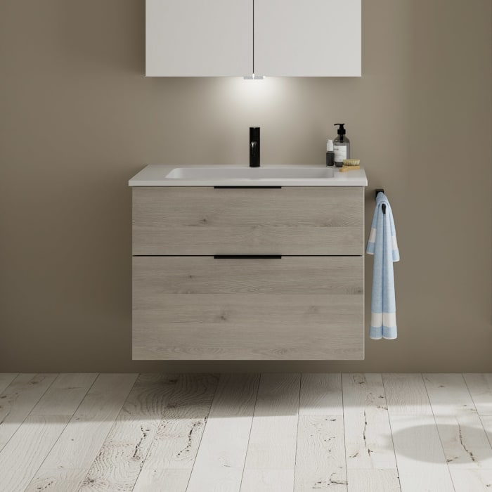 burgbad Eqio Waschtischkombination mit Mineralguss-Waschtisch, 82 cm, mit Griff G0200