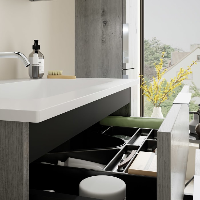 burgbad Eqio Waschtischkombination mit Mineralguss-Waschtisch, 82 cm, mit Griff G0146