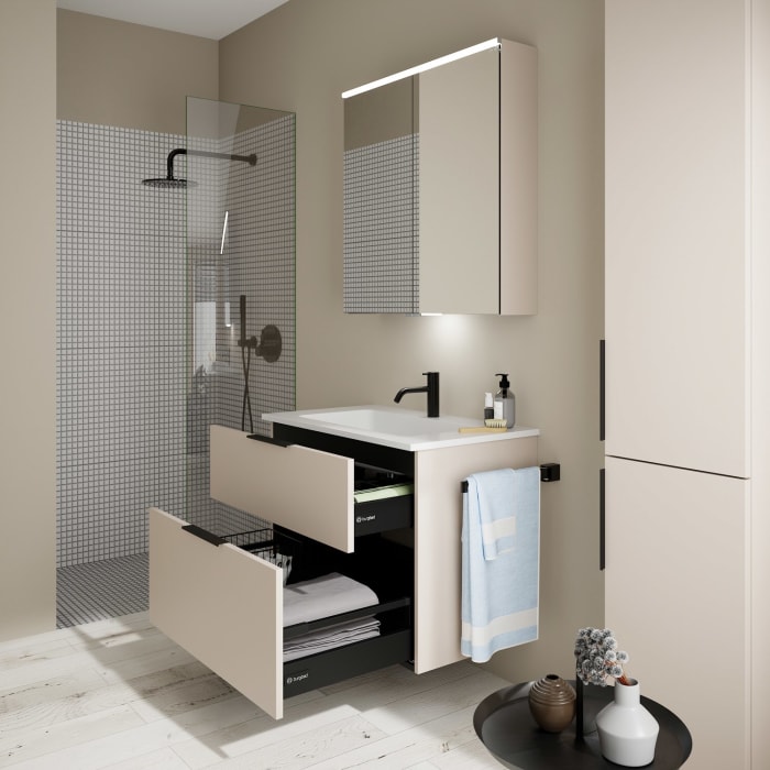 burgbad Eqio Waschtischkombination mit Mineralguss-Waschtisch, 82 cm, mit Griff G0200