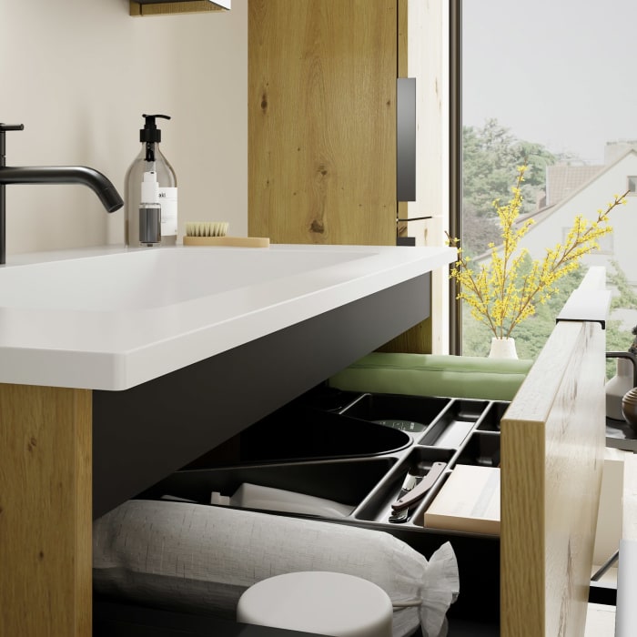 burgbad Eqio Waschtischkombination mit Mineralguss-Waschtisch, 92 cm, mit Griff G0200