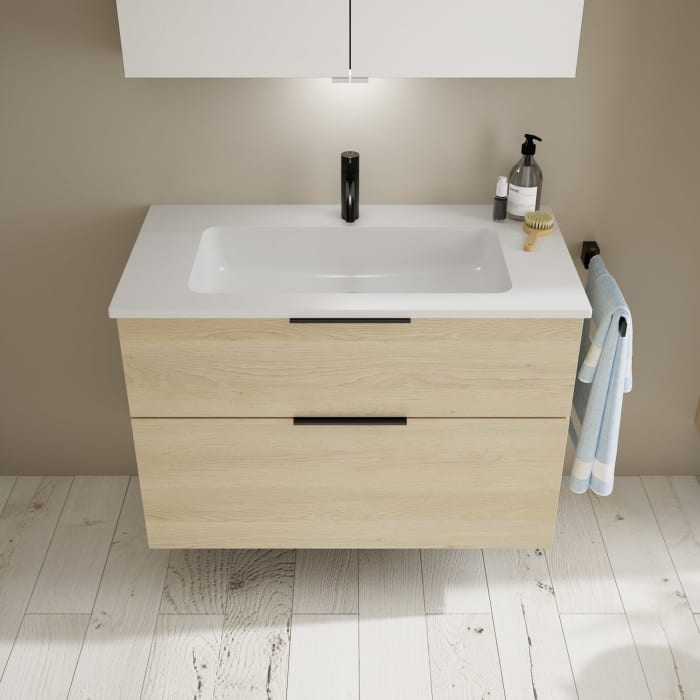 burgbad Eqio Waschtischkombination mit Mineralguss-Waschtisch, 92 cm, mit Griff G0200