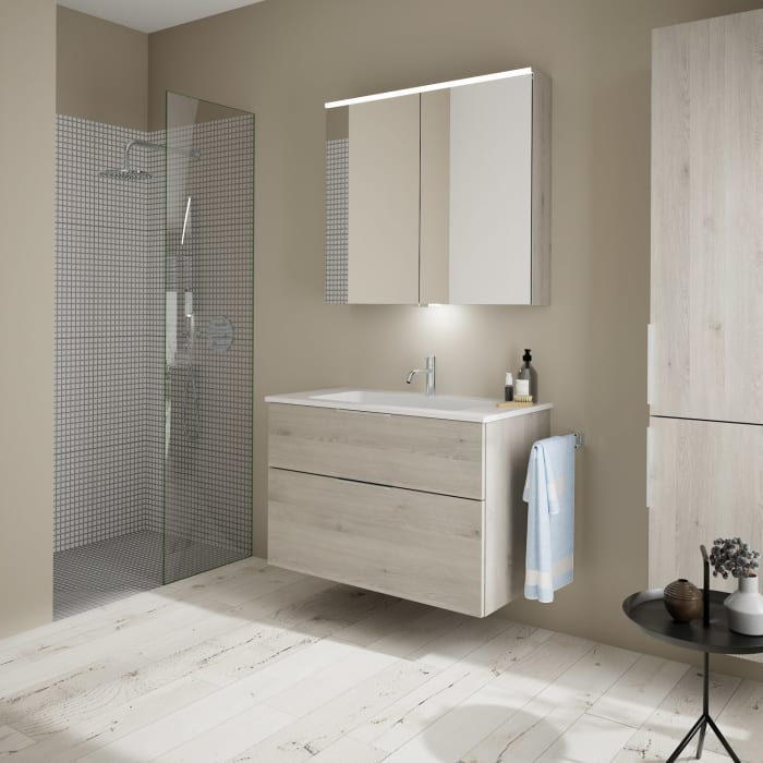 burgbad Eqio Waschtischkombination mit Mineralguss-Waschtisch, 92 cm, mit Griff G0146