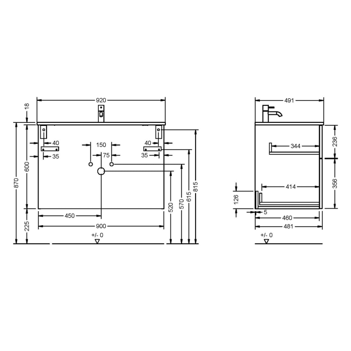 burgbad Eqio Waschtischkombination mit Mineralguss-Waschtisch, 92 cm, mit Stangengriff G0234