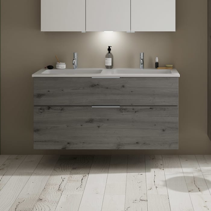 burgbad Eqio Waschtischkombination mit Mineralguss-Doppelwaschtisch, 122 cm, mit Griff G0146