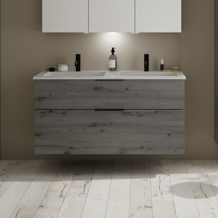 burgbad Eqio Waschtischkombination mit Mineralguss-Doppelwaschtisch, 122 cm, mit Griff G0200