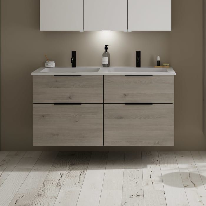 burgbad Eqio Waschtischkombination mit Mineralguss-Doppelwaschtisch, 122 cm, mit Griff G0200