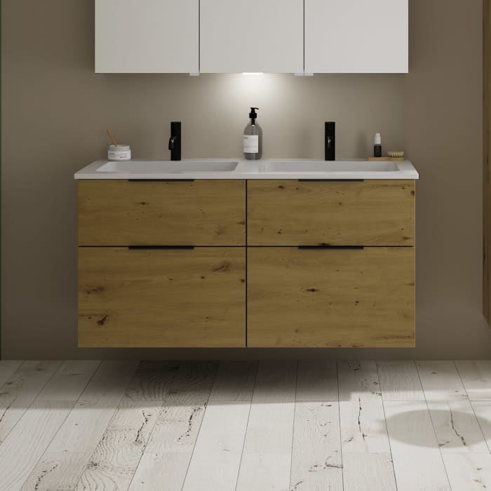 burgbad Eqio Waschtischkombination mit Mineralguss-Doppelwaschtisch, 122 cm, mit Griff G0200