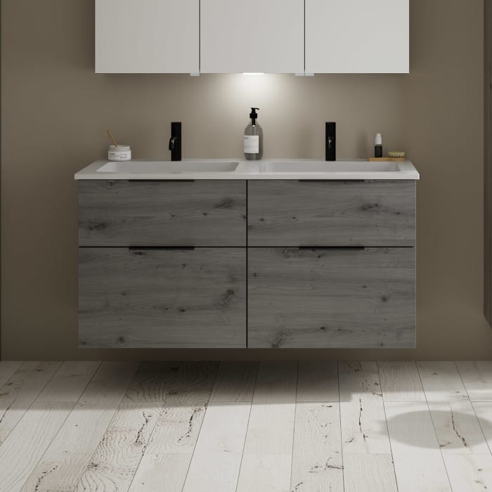 burgbad Eqio Waschtischkombination mit Mineralguss-Doppelwaschtisch, 122 cm, mit Griff G0200