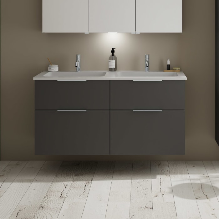 burgbad Eqio Waschtischkombination mit Mineralguss-Doppelwaschtisch, 122 cm, mit Griff G0146