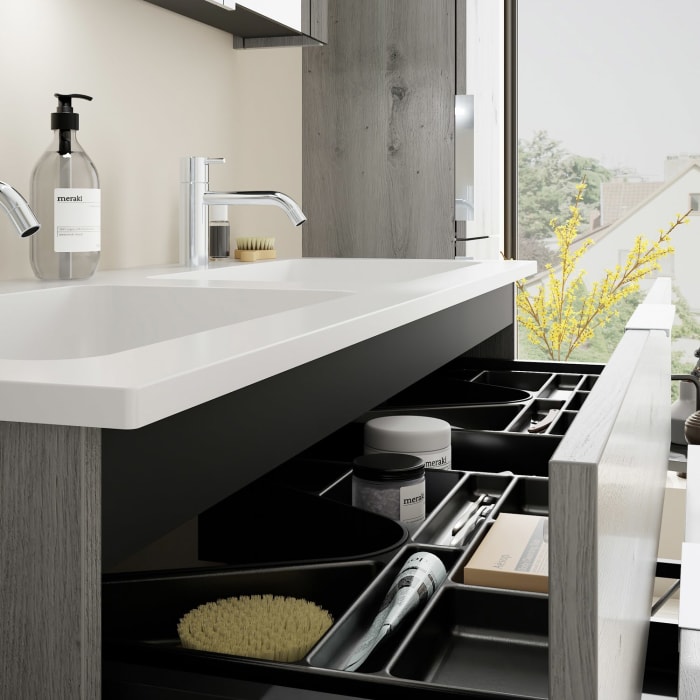 burgbad Eqio Waschtischkombination mit Mineralguss-Doppelwaschtisch, 122 cm, mit Griff G0146