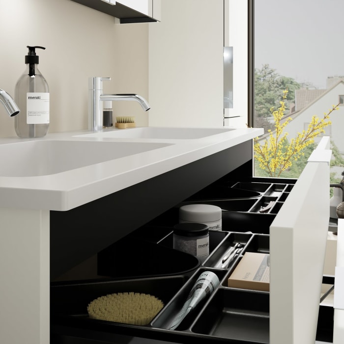 burgbad Eqio Waschtischkombination mit Mineralguss-Doppelwaschtisch, 122 cm, mit Griff G0146