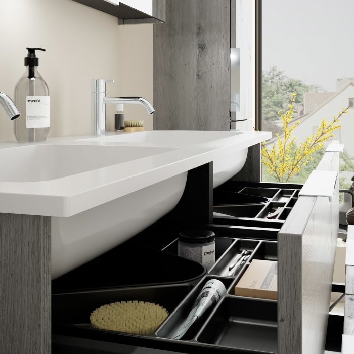 burgbad Eqio Waschtischkombination mit Mineralguss-Doppelwaschtisch, 122 cm, mit Griff G0146