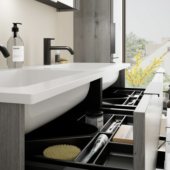 burgbad Eqio Waschtischkombination mit Mineralguss-Doppelwaschtisch, 122 cm, mit Griff G0200