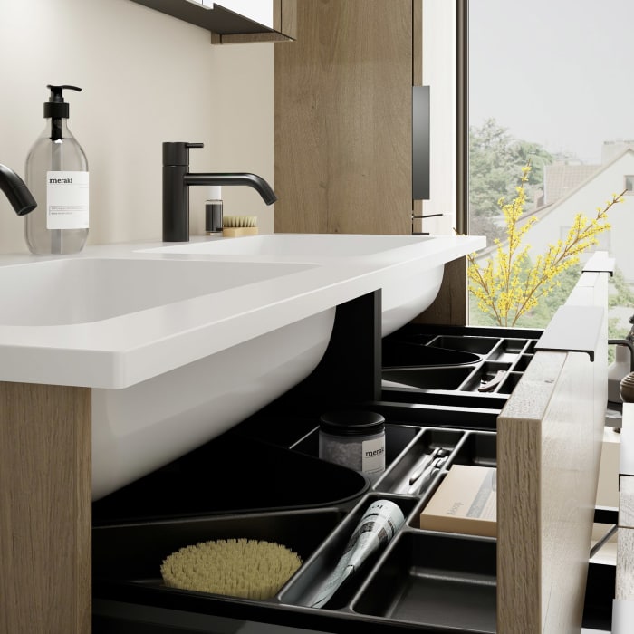 burgbad Eqio Waschtischkombination mit Mineralguss-Doppelwaschtisch, 122 cm, mit Griff G0200