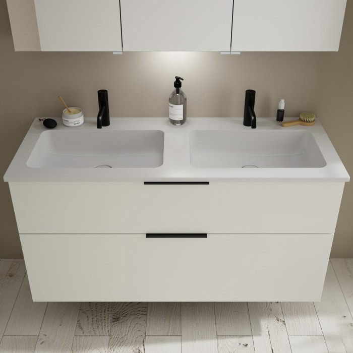 burgbad Eqio Waschtischkombination mit Mineralguss-Doppelwaschtisch, 122 cm, mit Griff G0200