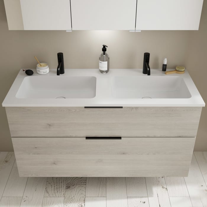 burgbad Eqio Waschtischkombination mit Mineralguss-Doppelwaschtisch, 122 cm, mit Griff G0200