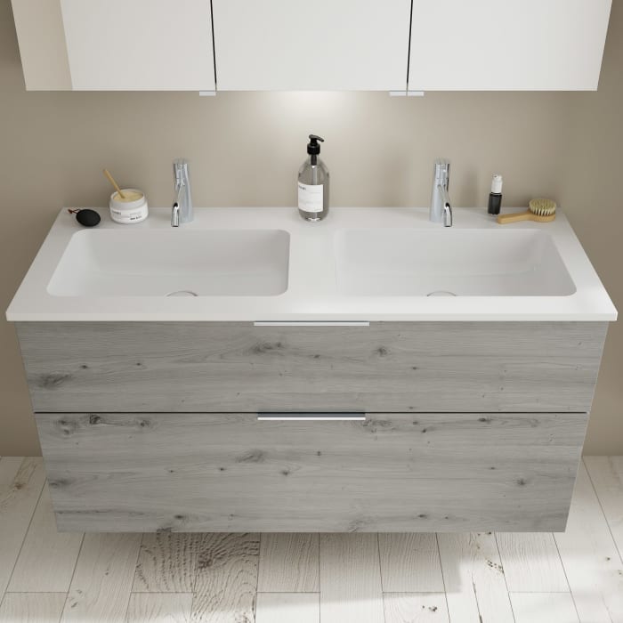 burgbad Eqio Waschtischkombination mit Mineralguss-Doppelwaschtisch, 122 cm, mit Griff G0146